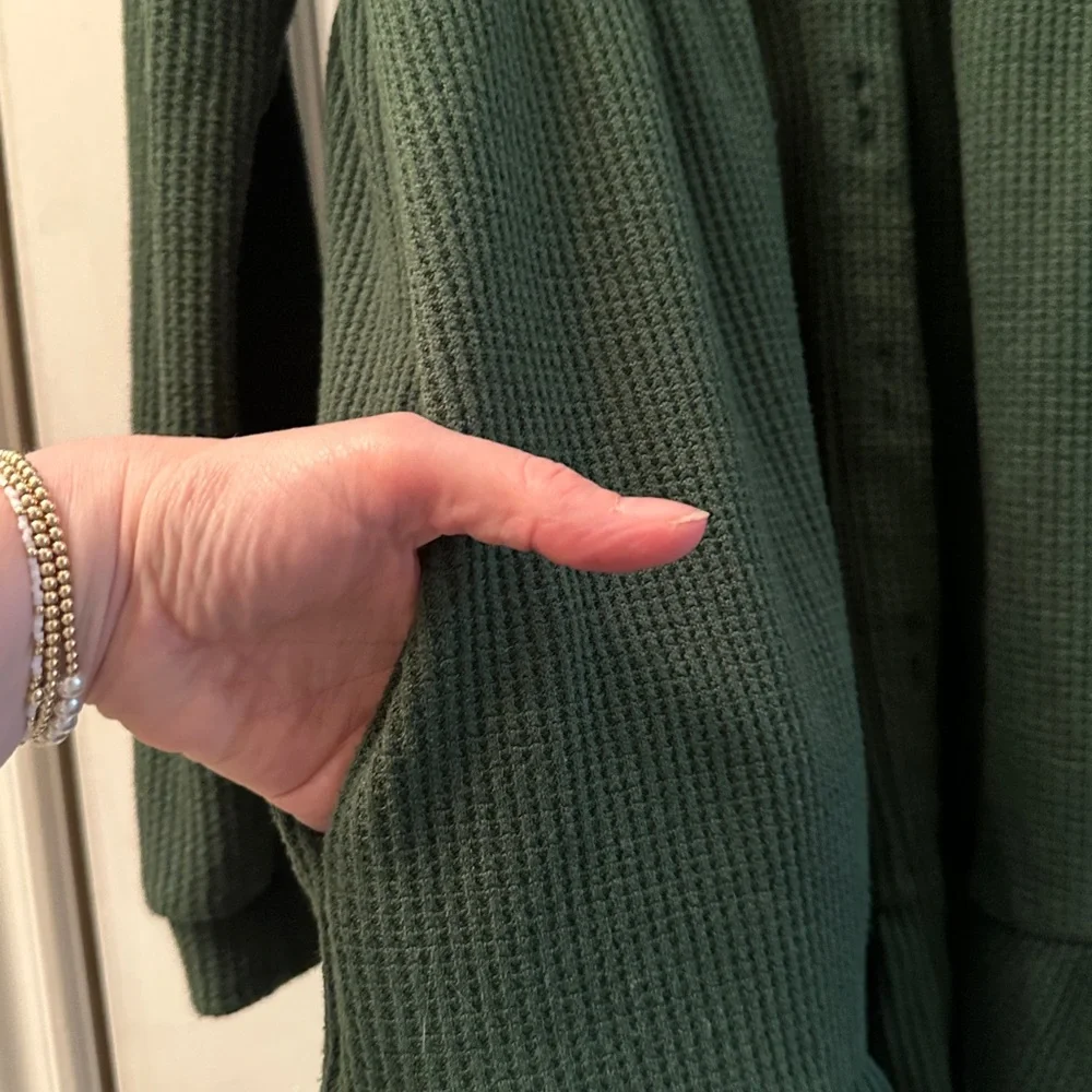 Evy’s Tree - “The Sarah” Green Button-Front Waffle Knit Ruffle Cardigan - Picture 5 of 7